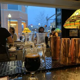 View from inside and a stout on tap.
