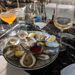 Oyster assortment, Pornstar Martini, Brochard Sauvignon Blanc.