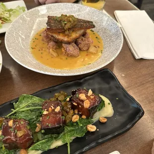 Pork belly and barramundi