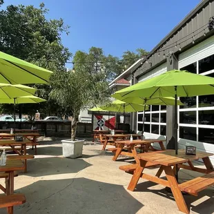 picnic tables with umbrellas