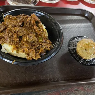 Baked potato with chopped beef  Jalapeño cornbread