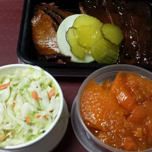 Dinner with 2 meats (Slice beef &amp; pork ribs), 2 sides (coleslaw &amp; sweet potato), &amp; a drink ($15.95). Food was good, but small (4/5 stars).