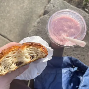 Chocolate croissant and strawberries and cream smoothie