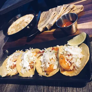 Shrimp Tacos and Queso Fundido with Tortillas