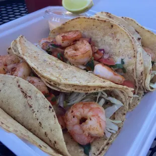 Shrimp tacos. 3 per order