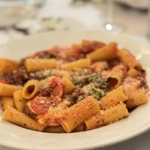 a plate of pasta with sauce and parmesan cheese