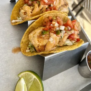 Mahi mahi blackened fish tacos on corn tortillas