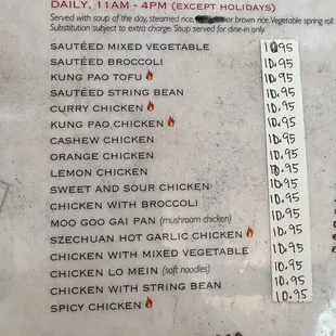 Menu lunch specials