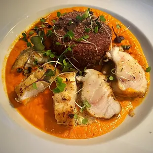 Special: Monkfish with a blue grit cake and red pepper sauce. Loved this. So pretty and fresh.