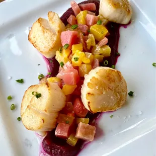 Seared Sea Scallops roasted golden and candy striped beets, with beet puree.