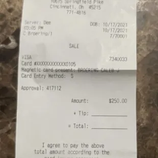 a receipt on a table