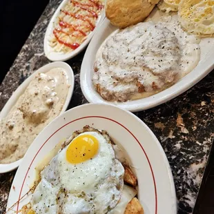 Biscuits and gravy, country fried steak.