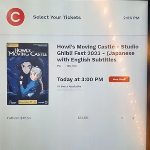 2004 Anime by Hayao Miyazaki.  One of my all-time favorites.  To bypass the rare big screen showing would be blasphemous!