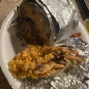 Burrito w/ carne al pastor and asada + cheese; $12