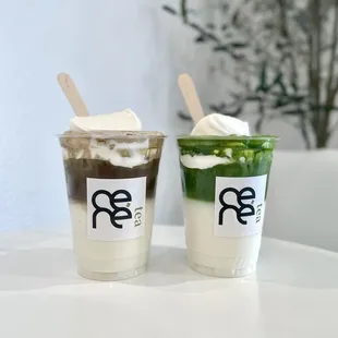 Hojicha and matcha einspanners