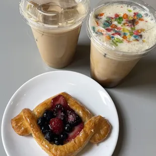 Iced hazelnut latte + Saturday morning coffee + berry danish