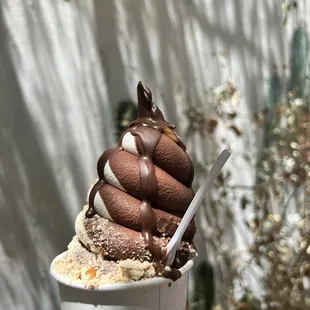 Dark chocolate and sour dough gelato with pretzel and pb sauce