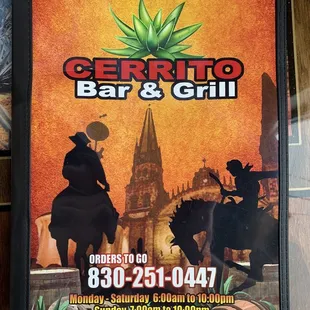 Front page of menu showing address, hours of operation, and address.