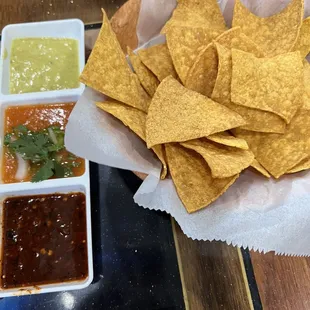 Chips with three kinds of salsa