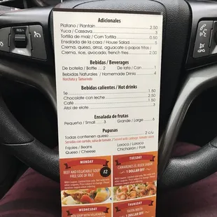 a menu in a car