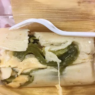 Yolanda&apos;s tamales are sold at the Fremont park farmers market. This is the Chile and cheese $3  :)