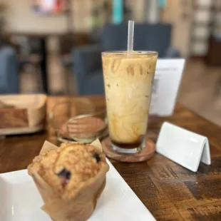 Blueberry muffin and 20 oz iced cold brew coffee