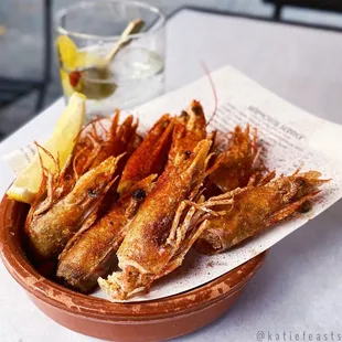 Crispy shrimp heads &amp; 50/50 martini