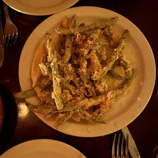 Fried green beans with anchovy dressing and bottarga