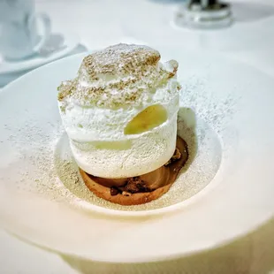 Frozen Chocolate Souffle with Hazelnut Crunch, Chocolate Pearls, and Chocolate Cremieux