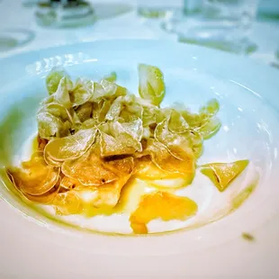 French Dover Sole with Chanterelles, White Alba Truffles, Arrowhead Spinach and Vin Jaune Sauce