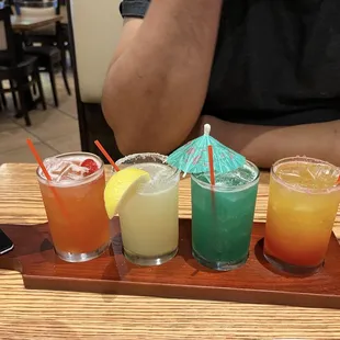 Cesare's flight (left yo right) Bella, Lemon drop, Green, Hawaiian, strawberry sunrise
