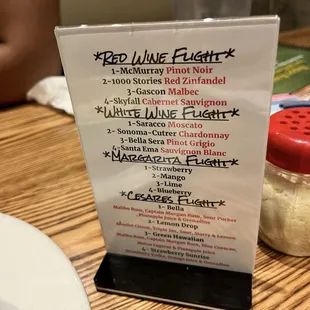 Drink menu for flights.