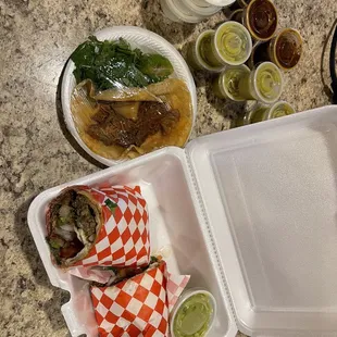 California burrito, shredded beef taco