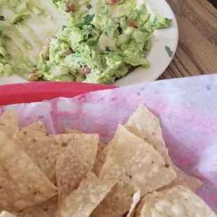 a plate of chips and a bowl of guacamole