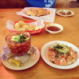 Bistec Torta, Shredded Beef Taco, Fish Ceviche Cocktail &amp; Shrimp Tostada