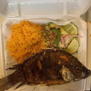 Whole fried fish, spiced very well (not hot), and the rice is terrific!