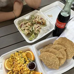 Combo ceviche with mango, shrimp tacos and the Mexican coke
