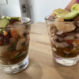 Shrimp ceviche on the right