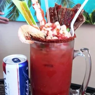 Loaded Clamato with Shrimp,Ceviche,Dry Beef,And Dry Shrimp
