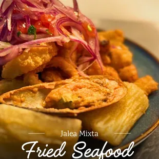 Jalea Mixta (Fried Seafood), one of the most requested dishes in our restaurant!  7101 Collins Ave. Miami Beach FL.