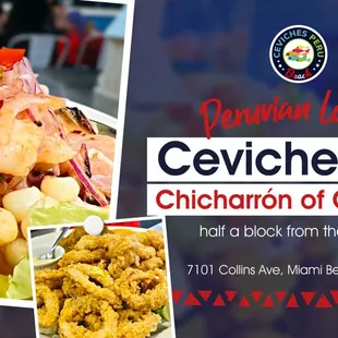 Peruvian lunch, Ceviche and Chicharrón de Calamari, with lots of flavor half a block from the beach in Miami Beach.