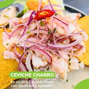 Try our delicious CEVICHE CHARRO!  Prepared with an exquisite mix of seafood and avocado, accompanied by crunchy tostadas!