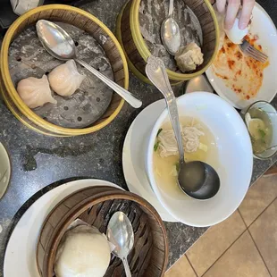 Steamed bbq pork buns, wonton soup, 4 Siu Mei Dim Sum, 5 Haw Gow Dim Sum