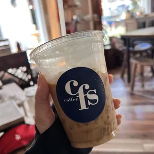 Iced sugar free caramel latte with oatmilk