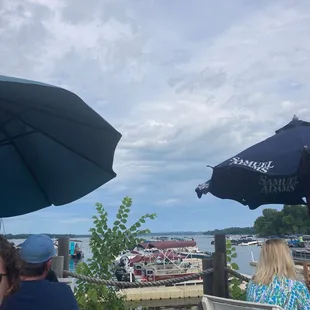 a group of people sitting under umbrellas
