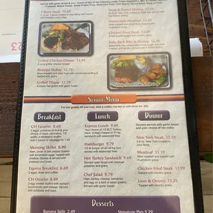 Back of menu and senior specials