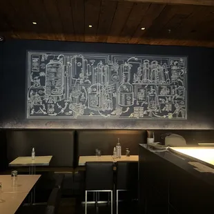 a restaurant with a large chalkboard on the wall