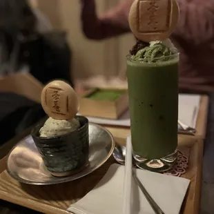 Left: Black Sesame Creame Brulee Right: premium matcha latte