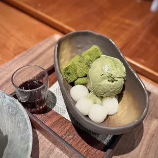 Green Tea Mochi Cream with Matcha mochi and rice balls