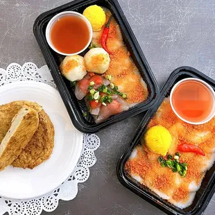 Chả cá: Fish cake+Bánh bèo: Water fern cakes, Bánh bột lọc: Tapioca dumplings, Bánh ít trần: Sticky rice dumpling w/ mung bean | Total: $18